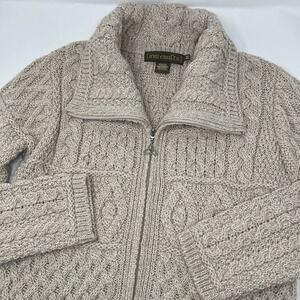 Inis Crafts Cardigan Womens Medium 100% Merino Wool Open Knit Zip Long
